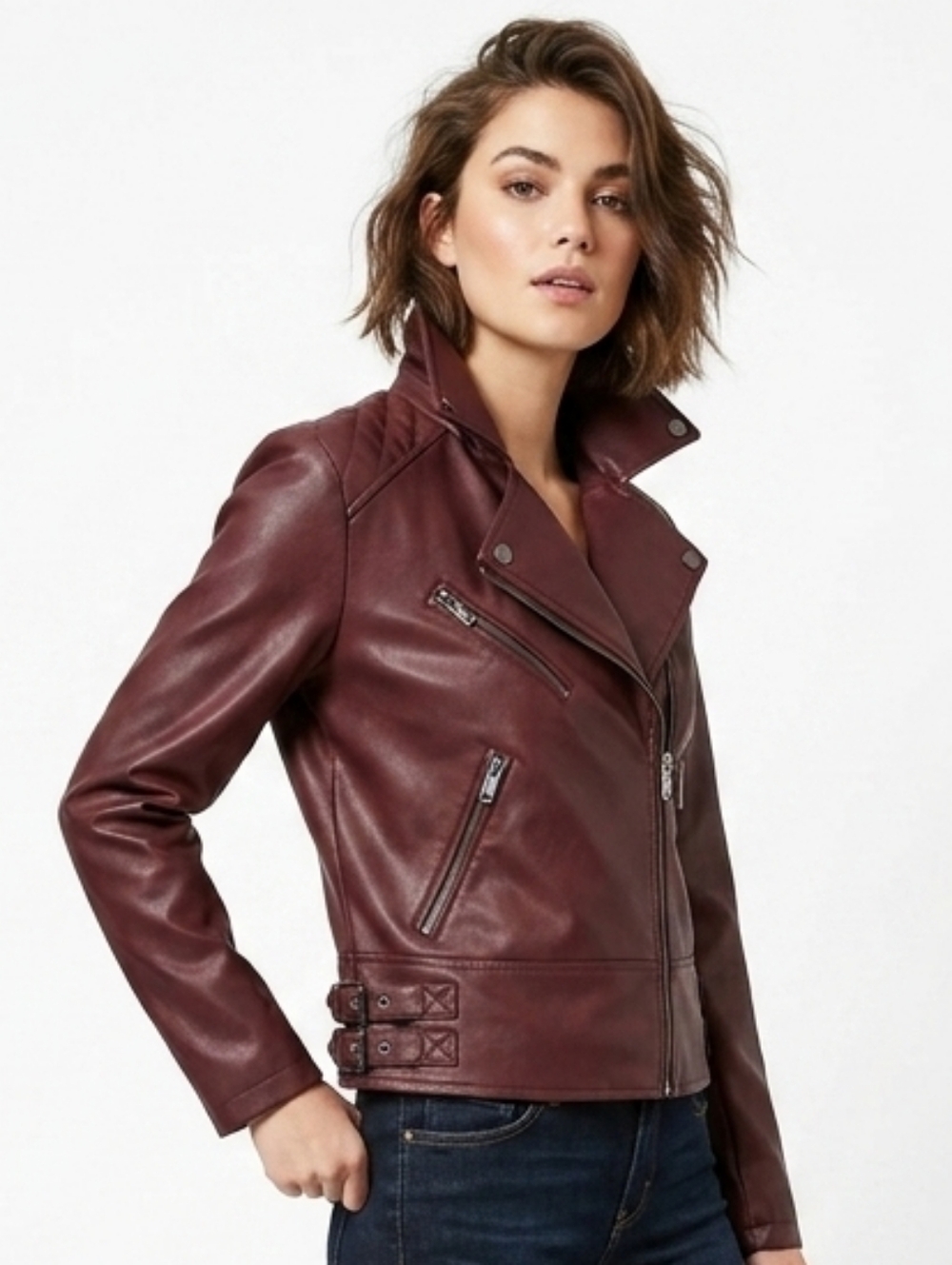 FRENCH CONNECTION Faux Leather Moto Jacket In Burgundy Size Small